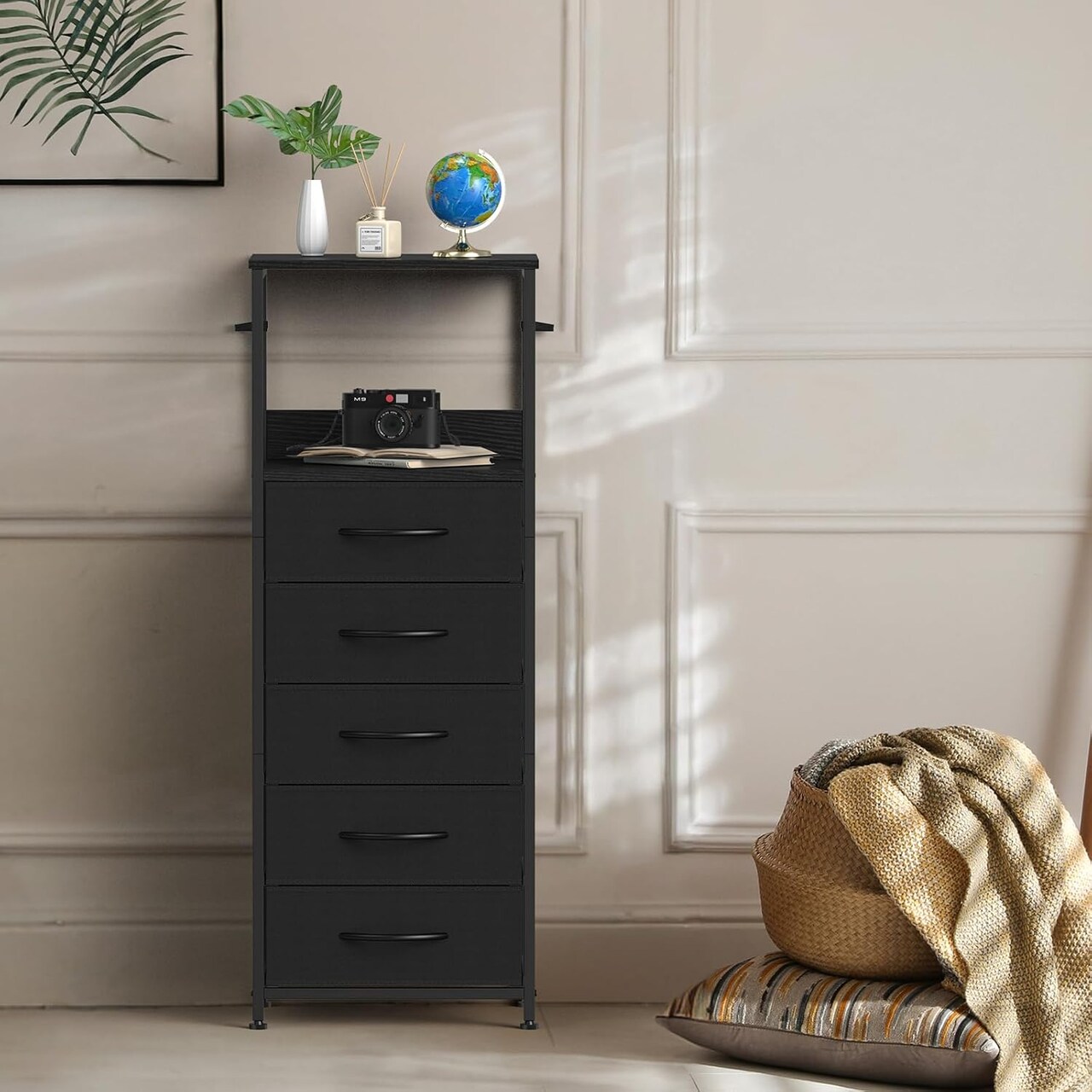 5-Drawer Tall Storage Tower with Fabric Drawers – Sturdy Metal Frame & Waterproof Wooden Top, Space-Saving Dresser for Bedroom, Entryway, Nursery, Hallway (Black)